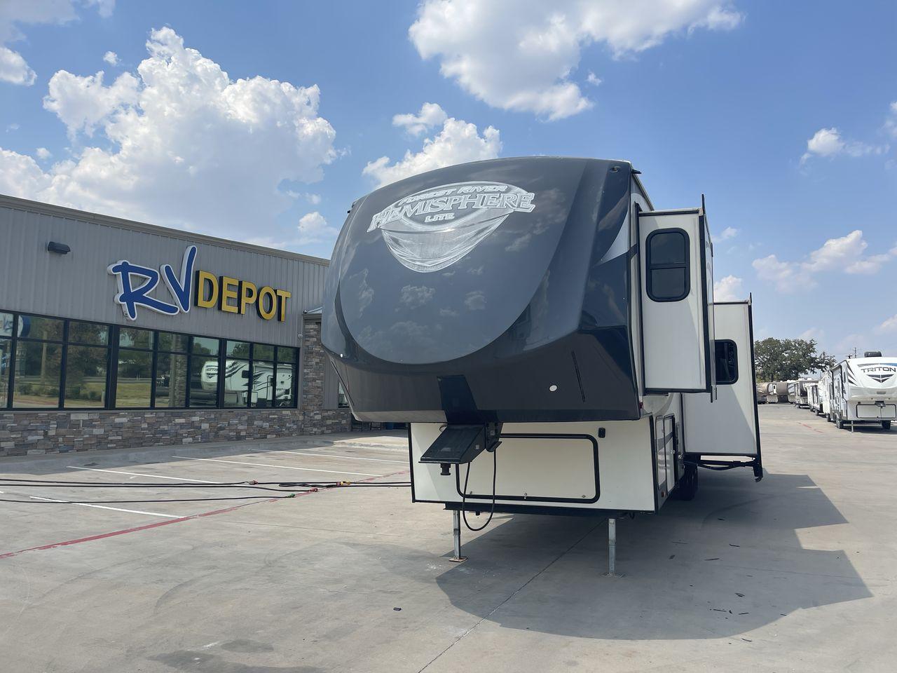 2016 TAN FOREST RIVER SALEMHEMISPHERE356QB (4X4FSBM24GU) , Length: 34 ft | Dry Weight: 7,294 lbs | Slides: 2 transmission, located at 4319 N Main St, Cleburne, TX, 76033, (817) 678-5133, 32.385960, -97.391212 - This 2016 Forest River Salem Hemisphere Travel Trailer measures just over 34 feet long and 8 feet wide with a dry weight of 7,294 lbs. It has a payload capacity of 2,351 lbs and a hitch weight of 845 lbs. This unit also comes with an automatic heating and cooling rate of 30,000 and 13,500 BTUs, resp - Photo #0